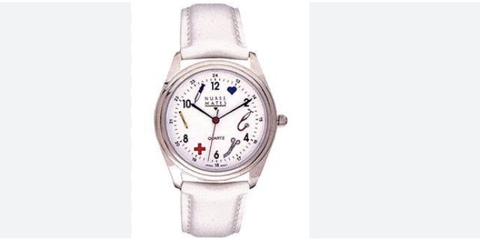 Nurse Mates symbols women’s nurse watch water-resistant leather strap – White