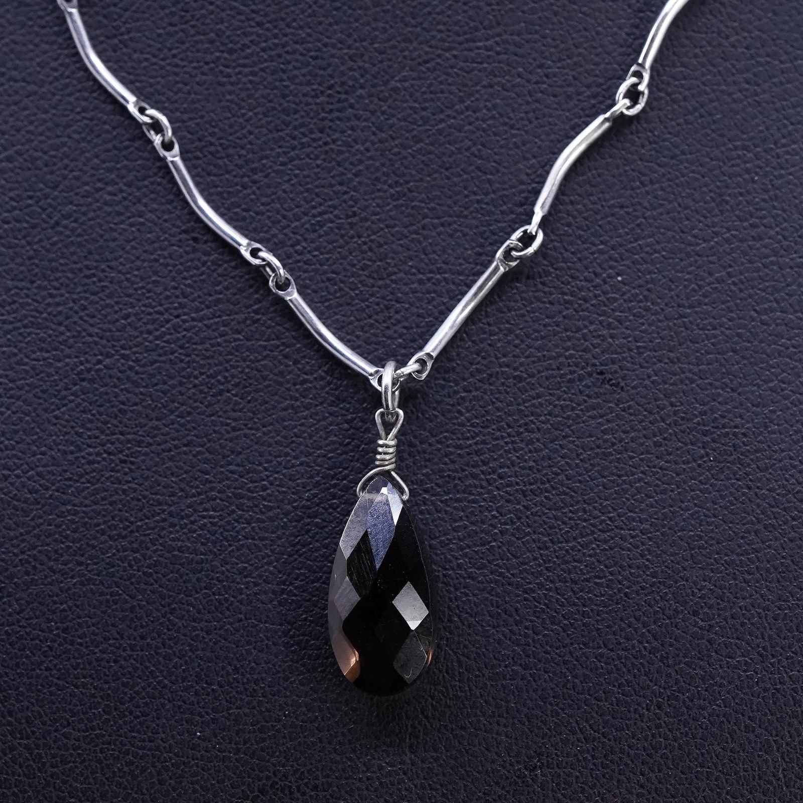 16”, sterling silver 925 DNA bone chain necklace teardrop smoky quartz