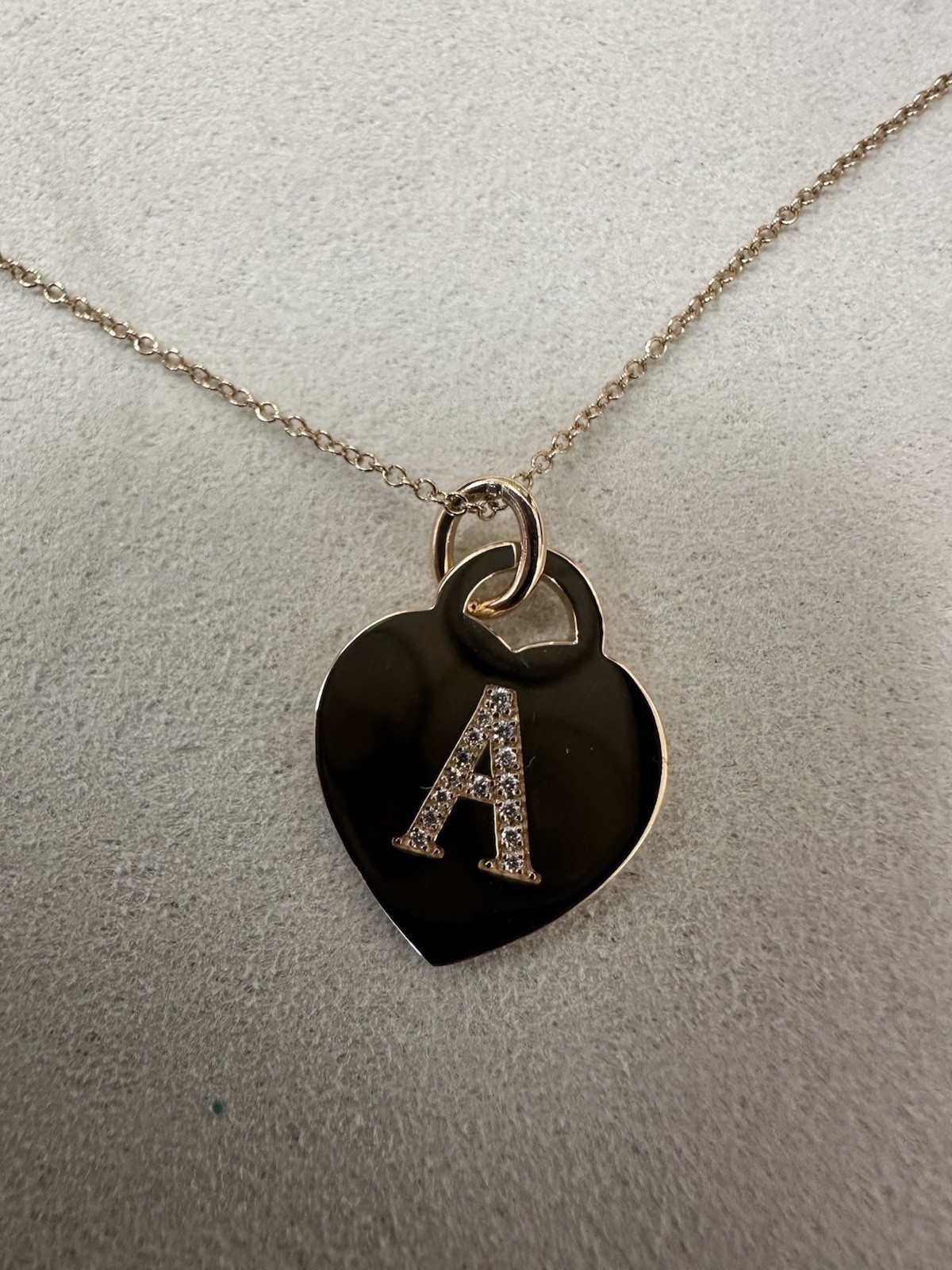 Tiffany & Co 18K Rose Gold Heart Tag Pendant Necklace w/ Alphabet Letter A