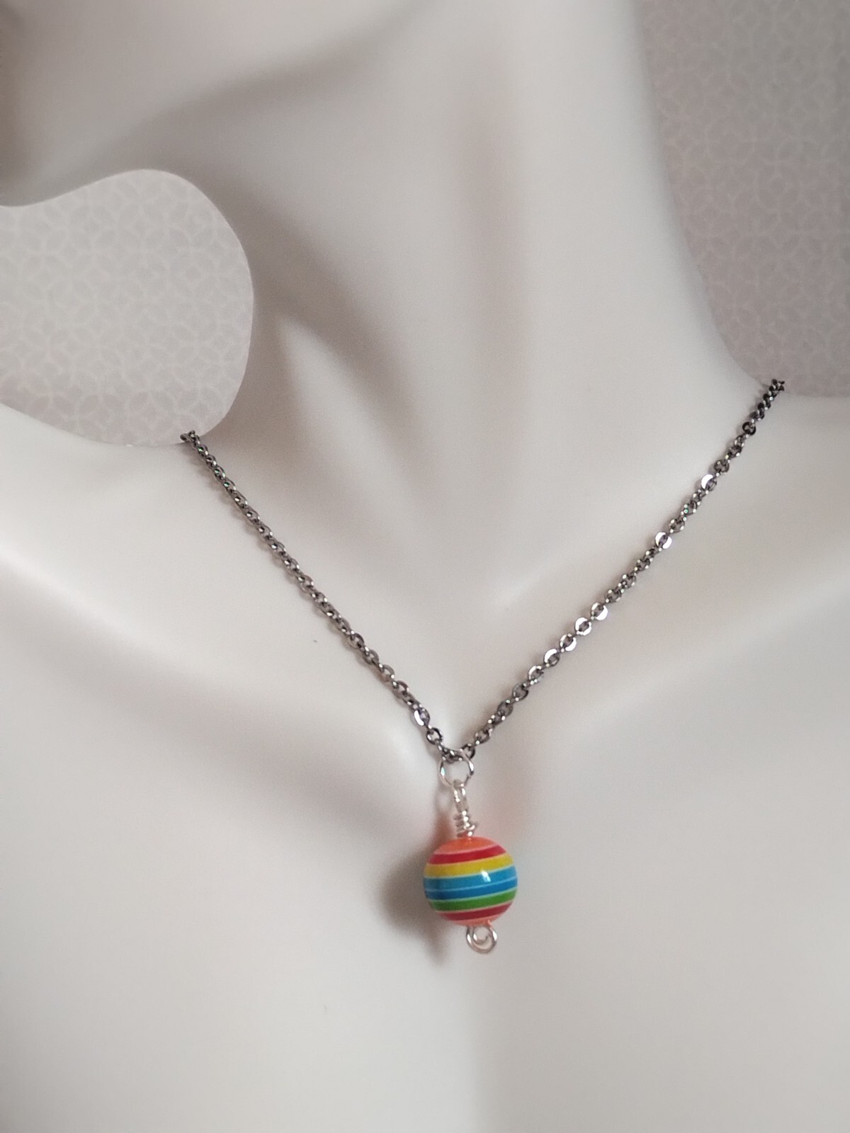 Rainbow Stripe Resin Bead Pendant Necklace Handmade Stainless Steel Chain