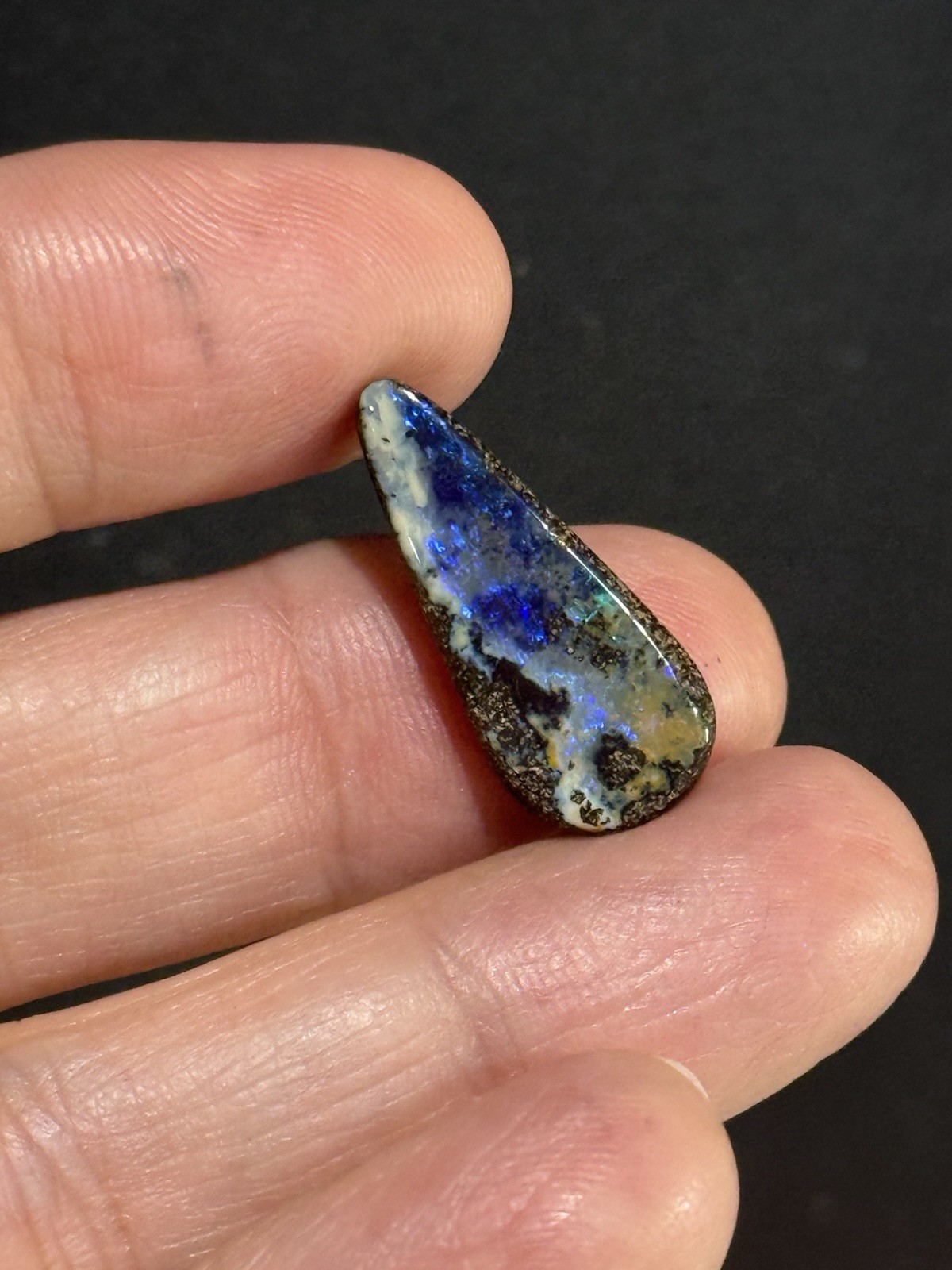 9.35ct 24x10x5mm Flashy Dark Blue Natural Boulder Australian Opal Drop Cabochon