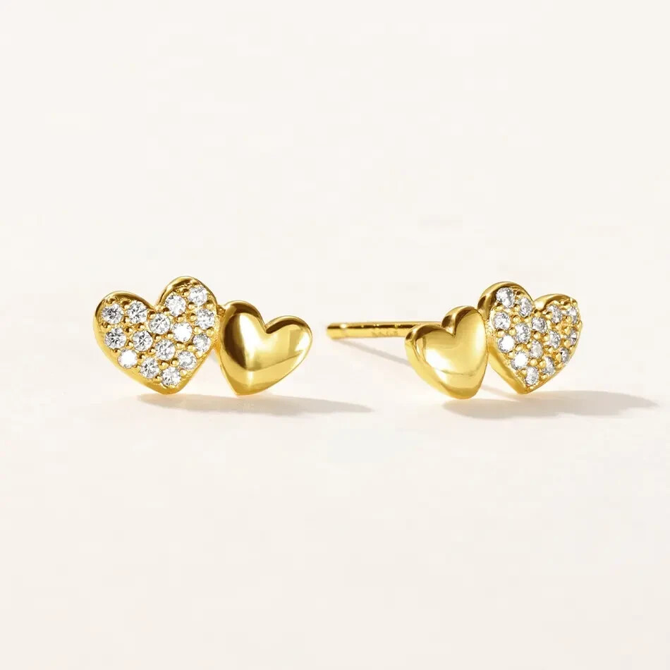9ct Yellow Gold & Silver Double Heart Cut Solitaire Stud Earrings 6mm and 4mm