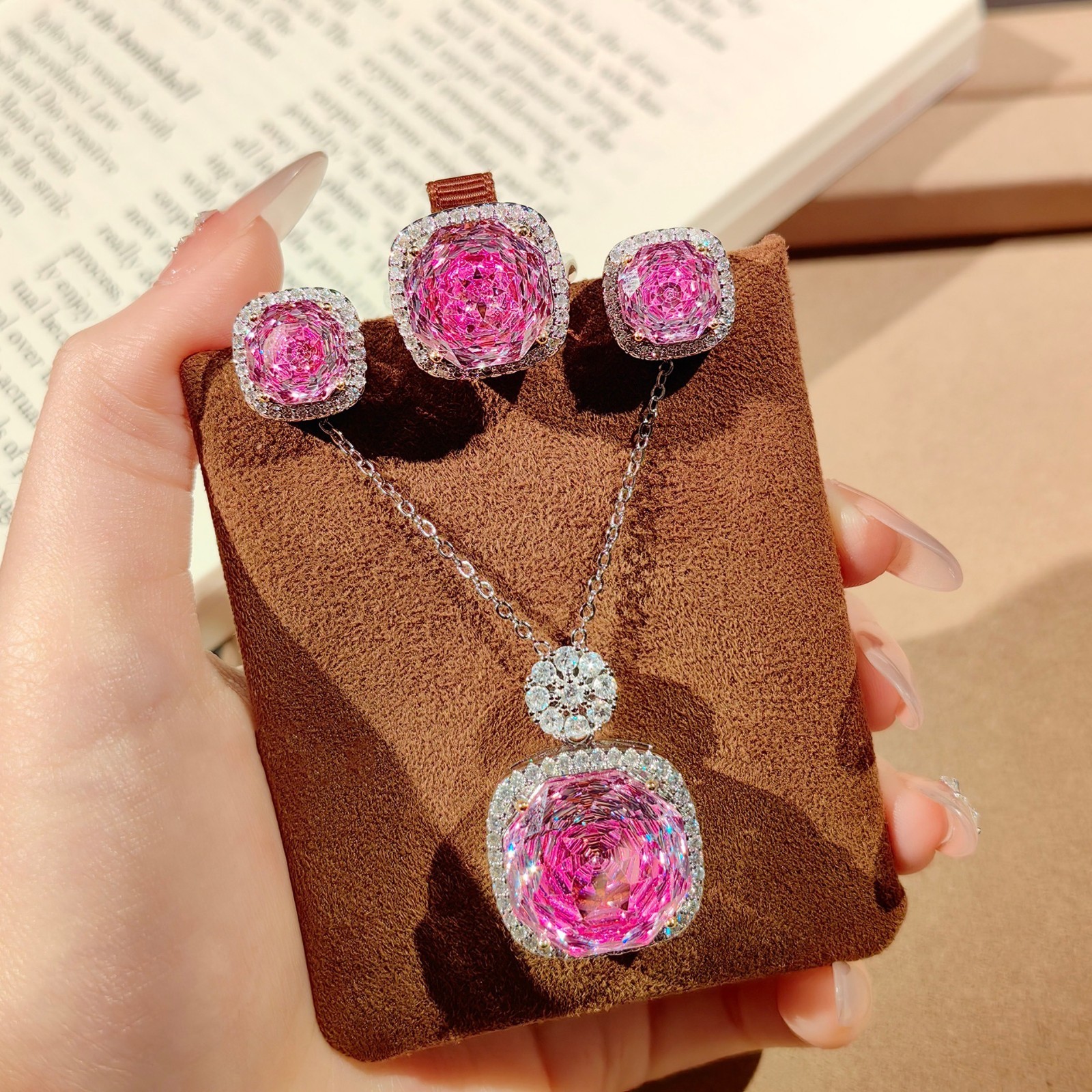 3pc Set Shiny Rose Red Garnet Gemstone Women Girls Silver Necklace Earring Ring