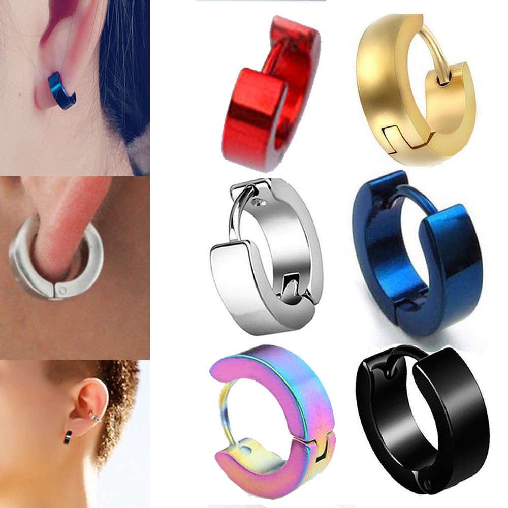 1Pair Punk Mens Women Stainless Steel Hoop Huggies Ear Stud Earrings Gothic US