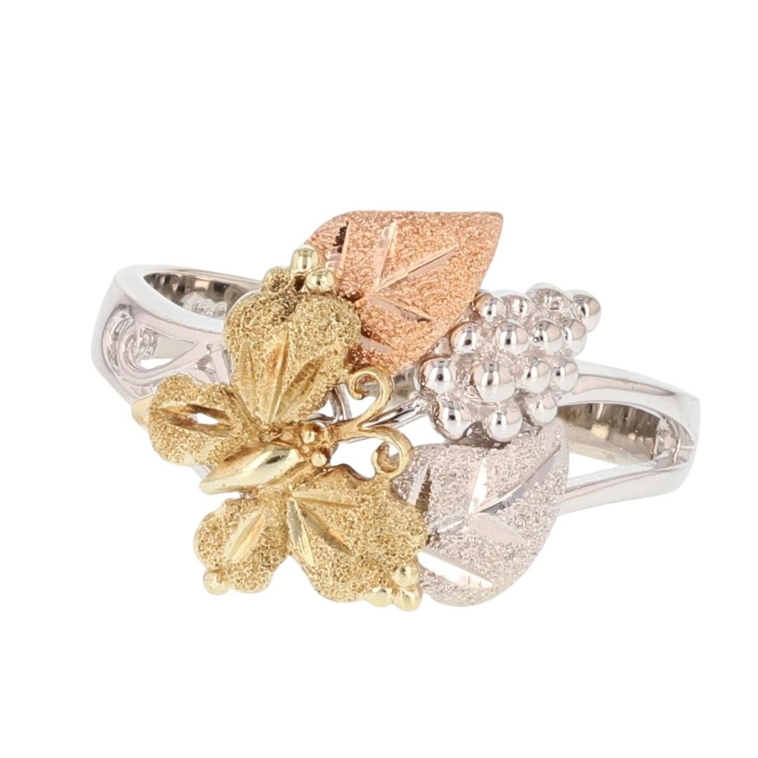 15.1mm Textured Butterfly & Leaves Ring 14k Multi-Tone Gold 4.31 Grams Size 7.75