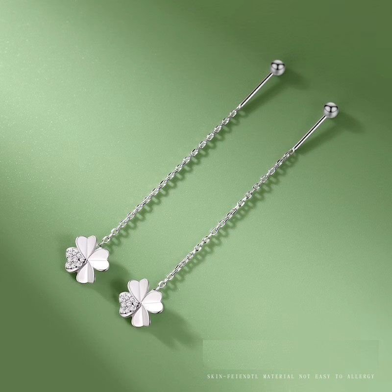 Silver Clover CZ Dangle Pull Through Threader Screw Stud Earrings AJ