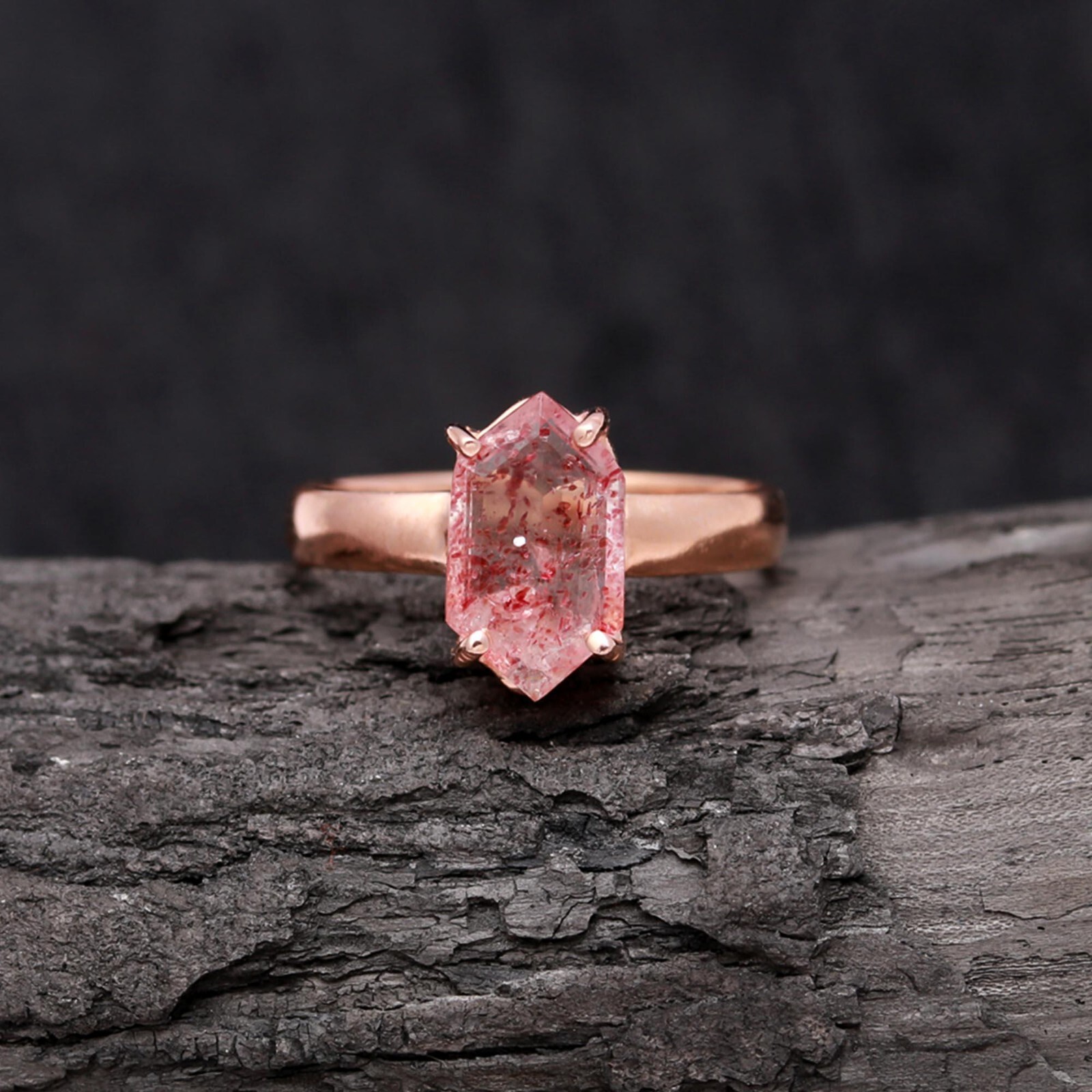 Natural Strawberry Quartz Hexagon Ring Rose Gold Plated Vintage Jewelry For wife