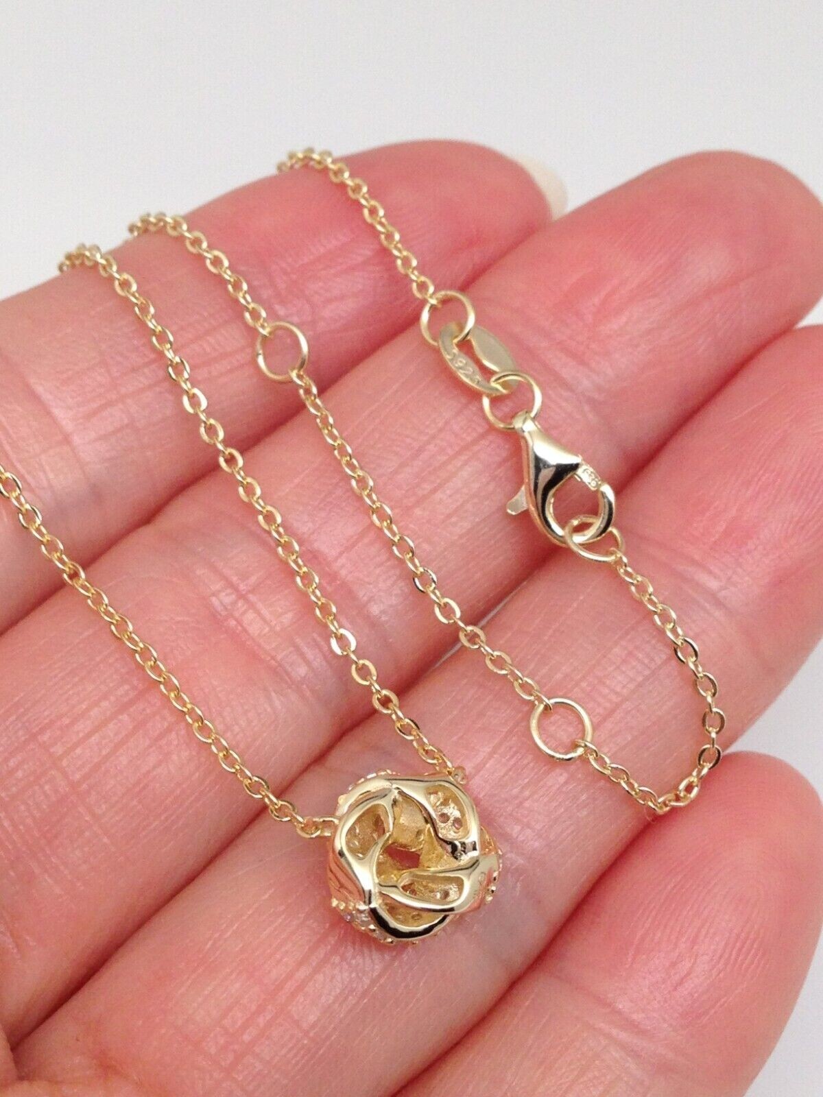 925 Sterling Silver CZ Gold Love Knot Pendant Necklace Women 8mm 15.75-17.75″