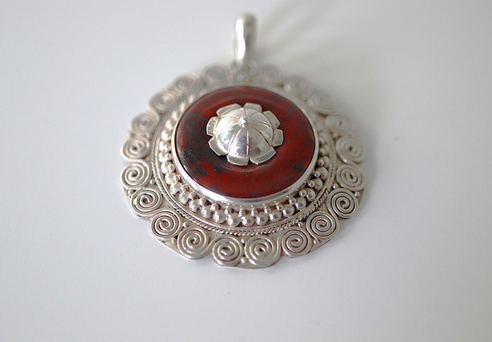 Vintage Sterling Silver Mahogany Obsidian Pendant Dome Twirl Design SSP 925 Ind.