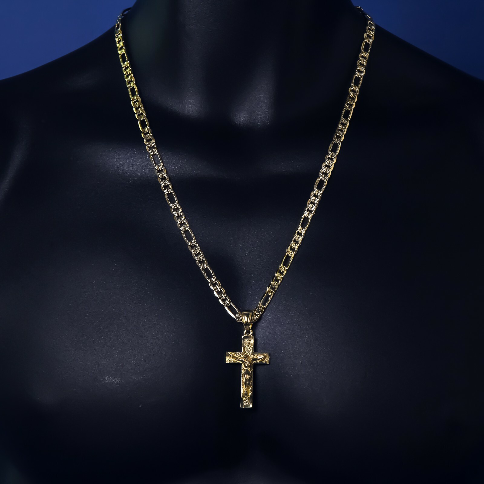 Hip Hop Jesus Cross (s-3) Pendant Solid Gold Plated 24″ Figaro Chain Necklace