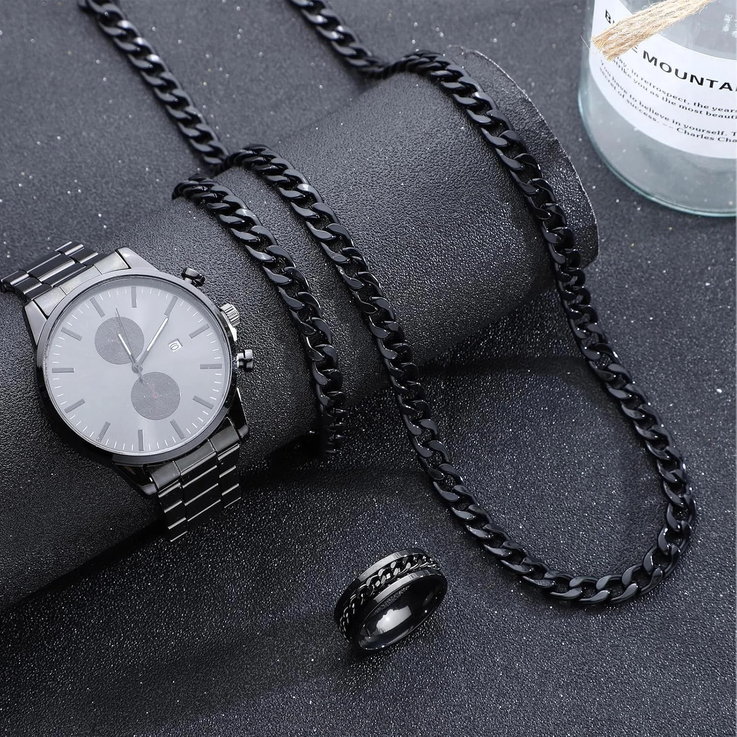 NEWITIN 4 Pieces Black Jewelry Set for Men Stainless Steel Watch Necklace Bracel