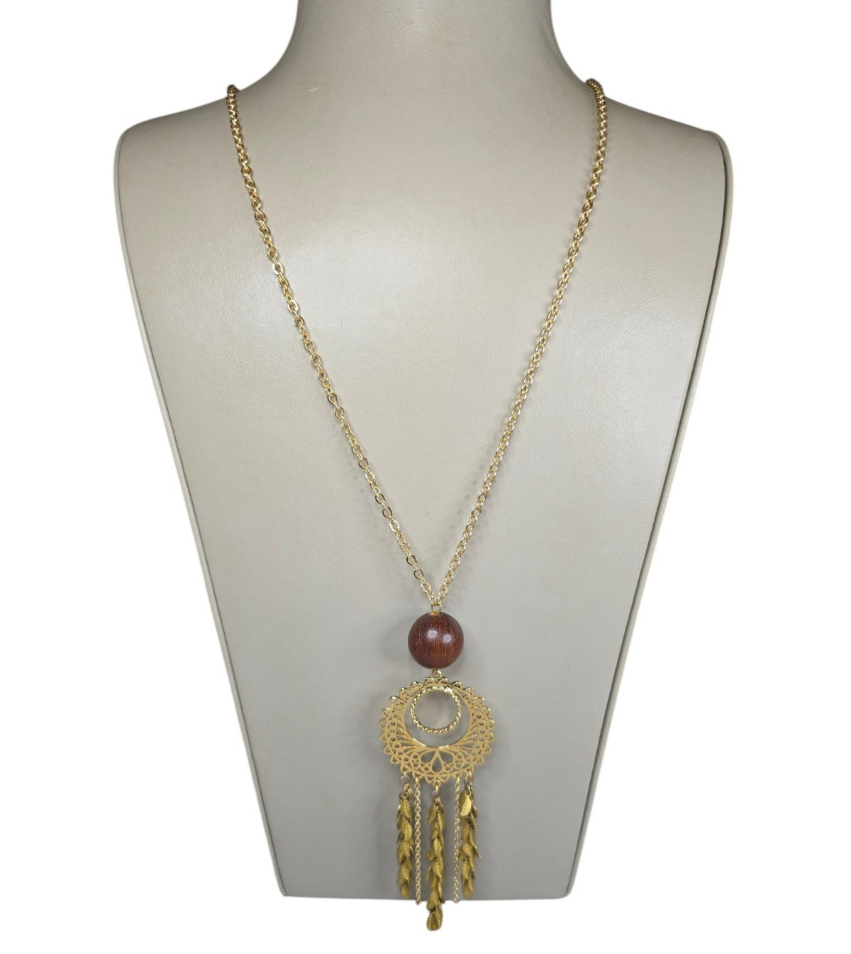 Sequin Women’s Trendy Gold Tone Brown Wood Long Pendant Necklace NWT