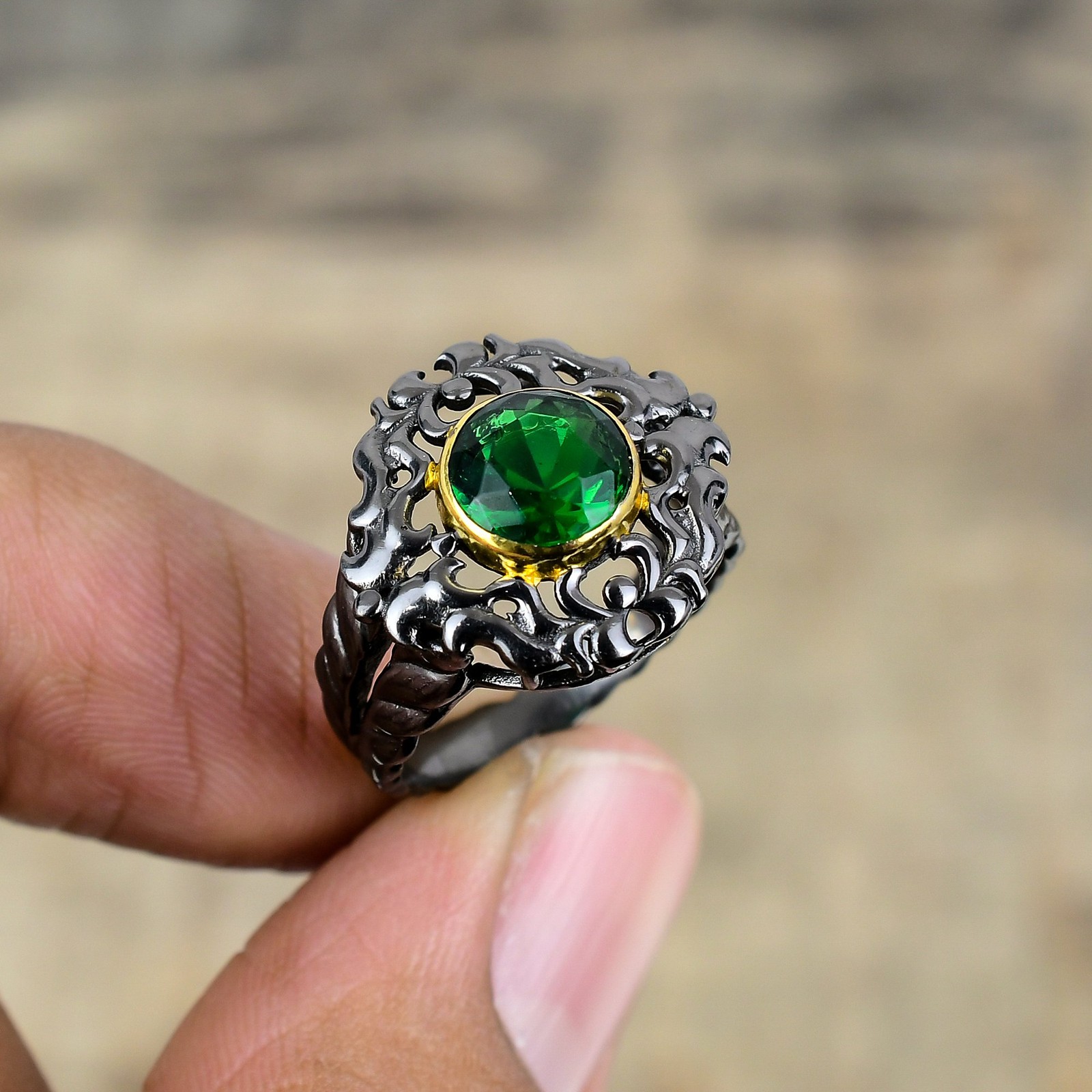 Tsavorite Black And Gold Plated 925 Sterling Silver Ring S.7.5 R87028
