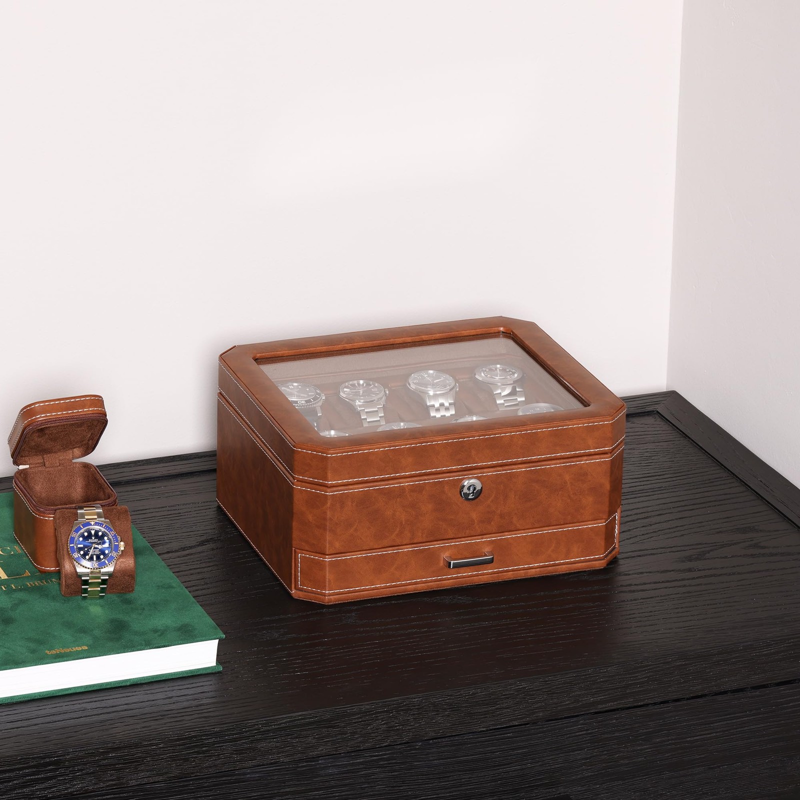 ROTHWELL 8 Slot Leather Watch Box with Valet Drawer – 8 – Tan/Brown