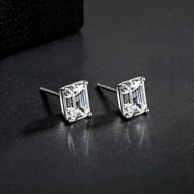 4Ct Emerald Cut Lab Created Diamond Women’s Stud Earrings 14 K White Gold Plated