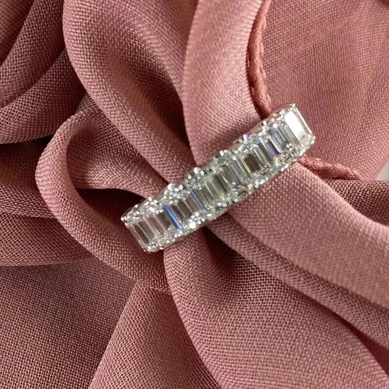 4.60 Ct Emerald Cut Eternity Natural Diamond Wedding Band 950 Platinum Size 6 7