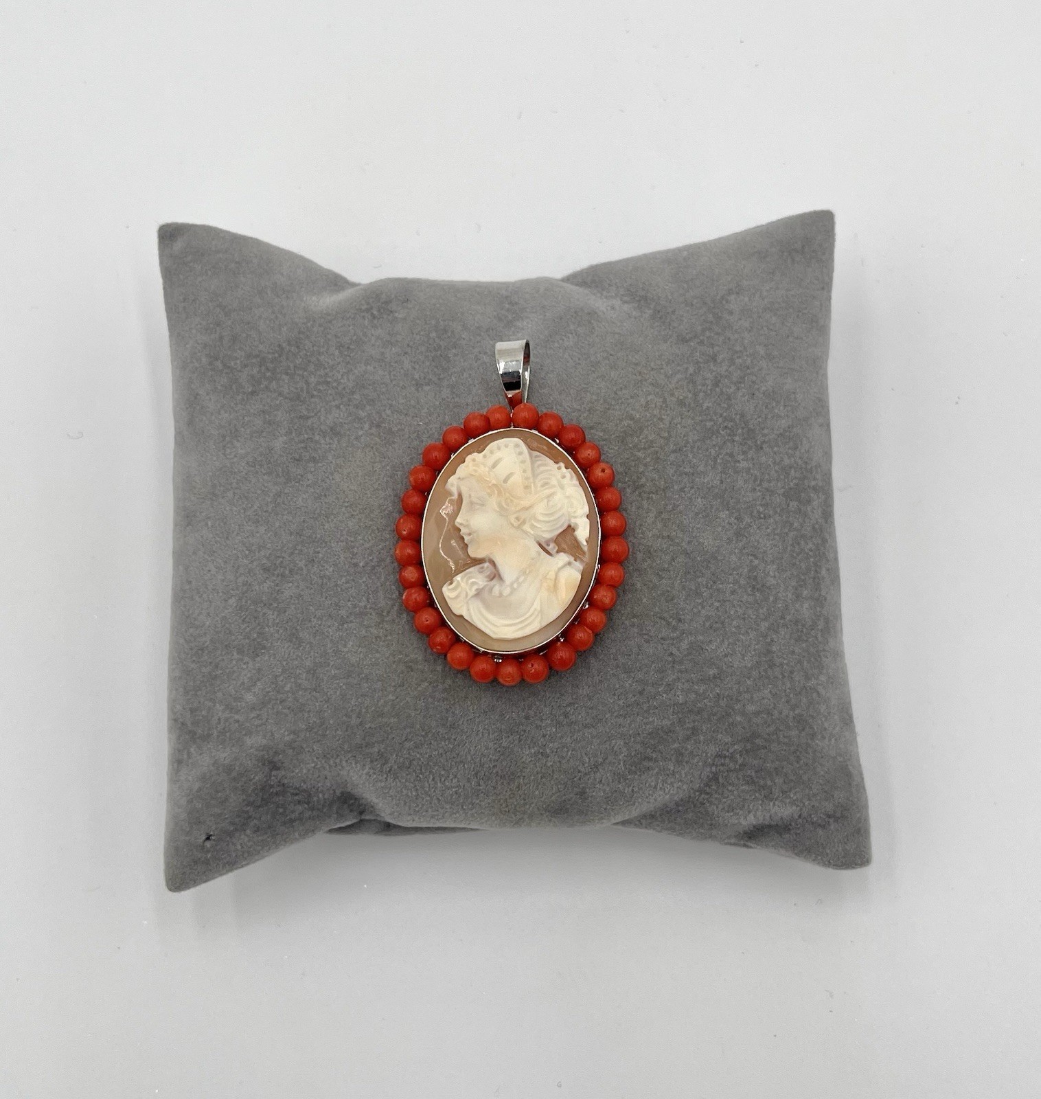 Cameo Corniola Shell Pendant 30mm Silver 925 Red Coral Handmade
