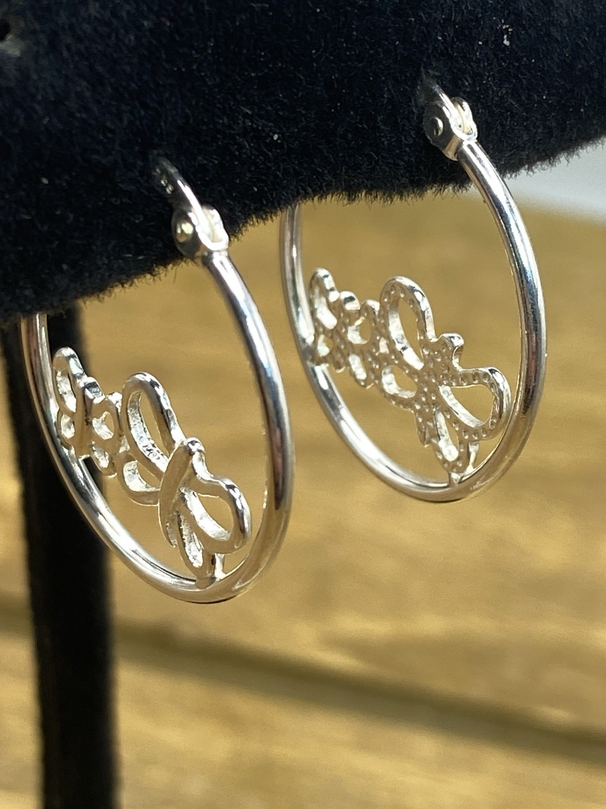 B.S. Signed Butterfly Design Sterling Silver 20mm Hoop Earrings 1″
