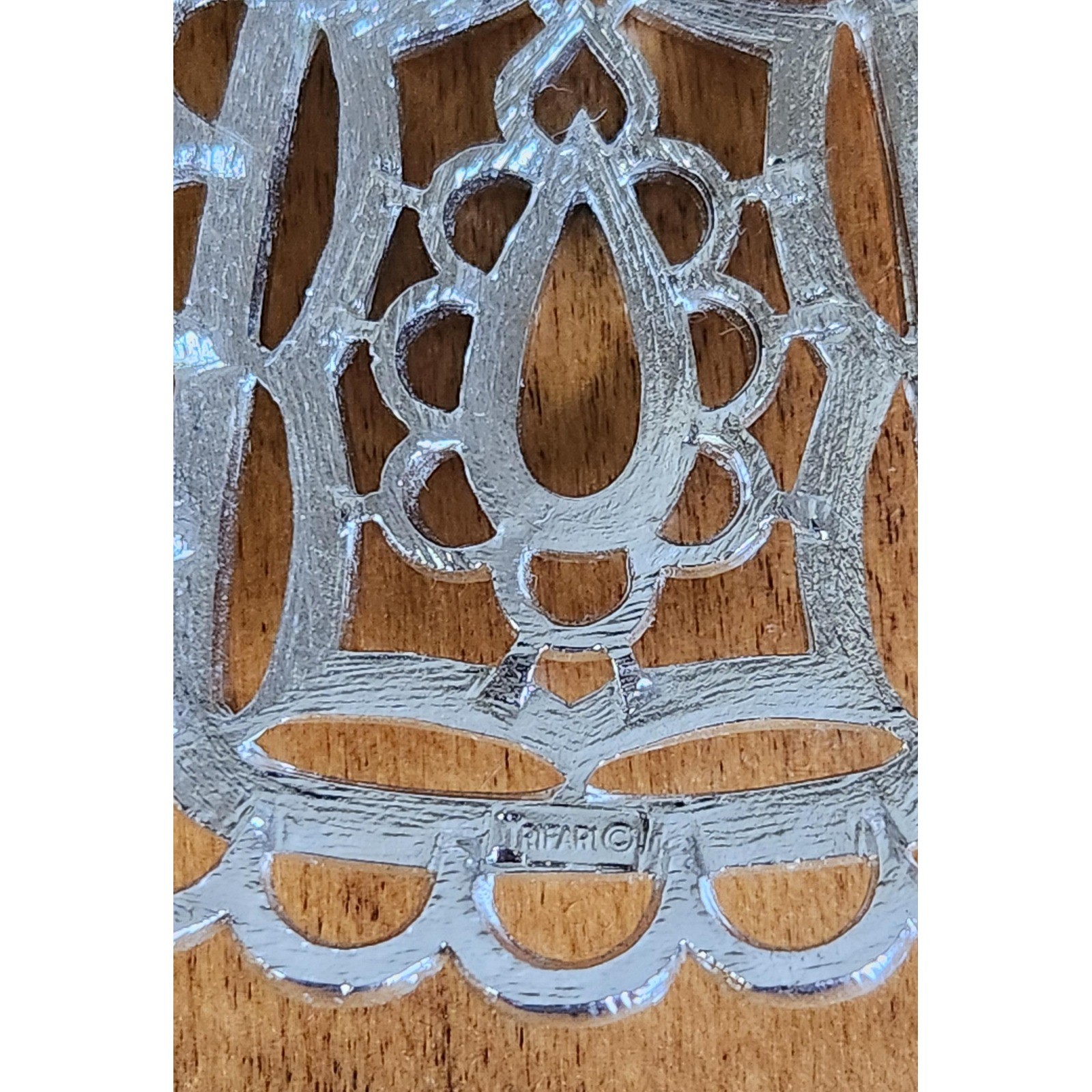 Signed Crown Trifari Filigree Pendant Necklace Silver Tone Vintage MCM