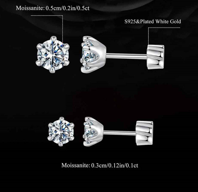 18k White Gold Plated 1CT Moissanite Screw Back Stud Earrings for Women With GRA