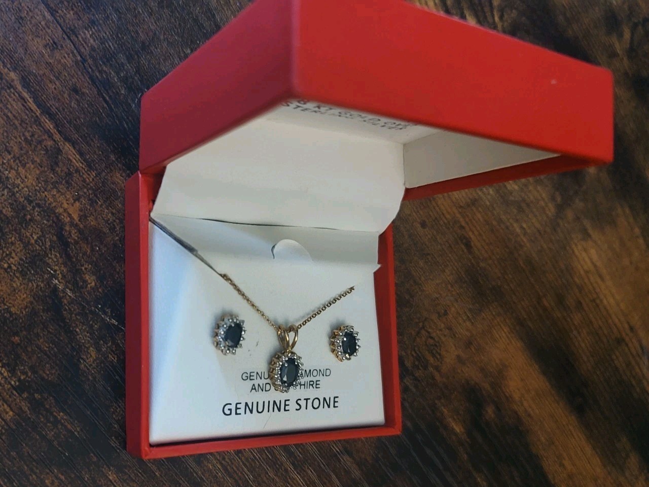 Macy’s genuine Sapphire & Diamond Halo Pendant Necklace Stud Earrings Set w/ Box