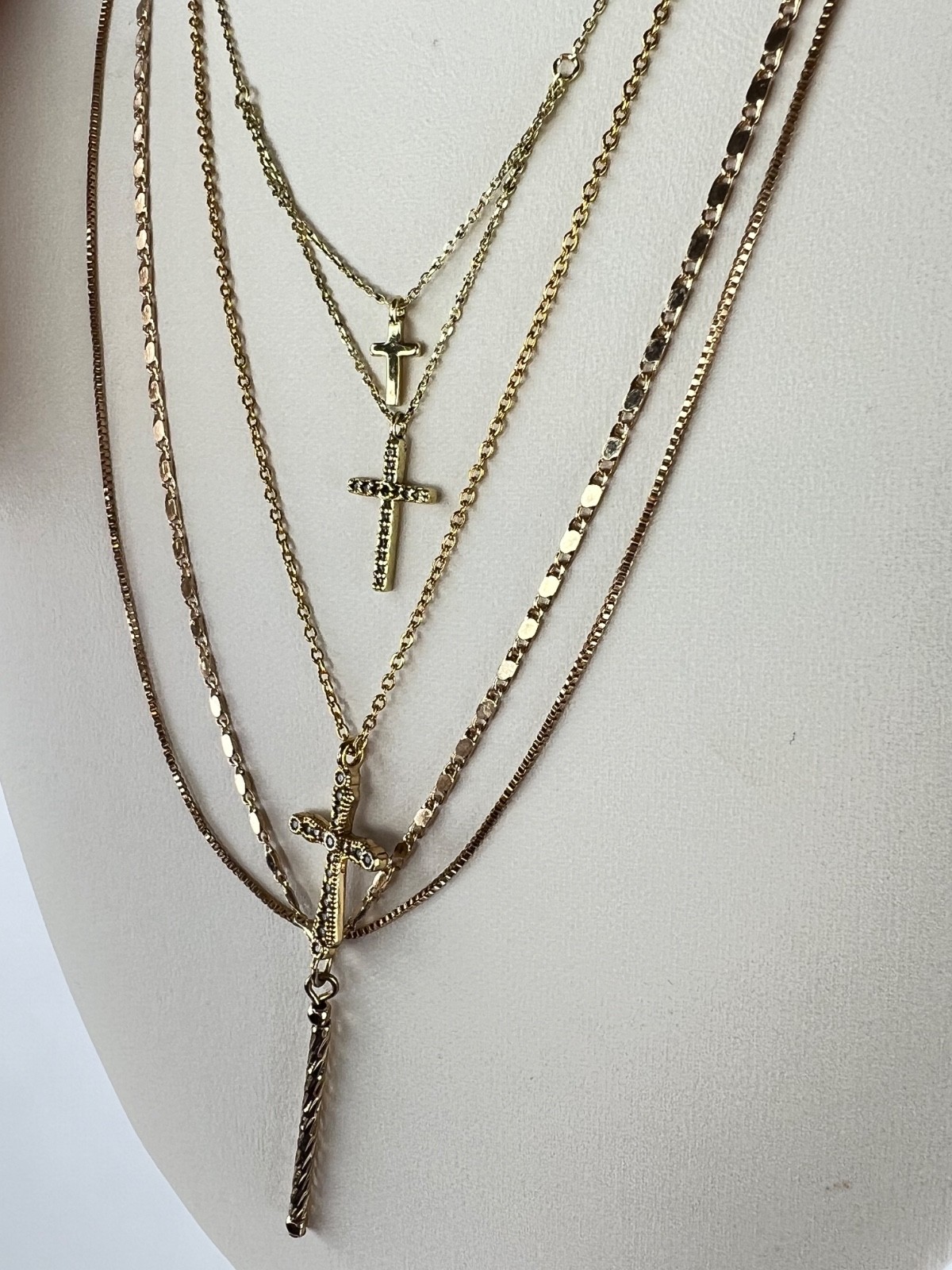Fashion 3 Necklaces Lot Chains Gold Tone 3 Crosses 1 Bar Pendant Layering Set