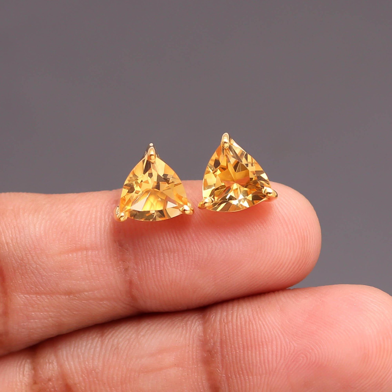 Natural Citrine Quartz Trillion Stud Earrings Gold Plated Solid Silver Jewelry