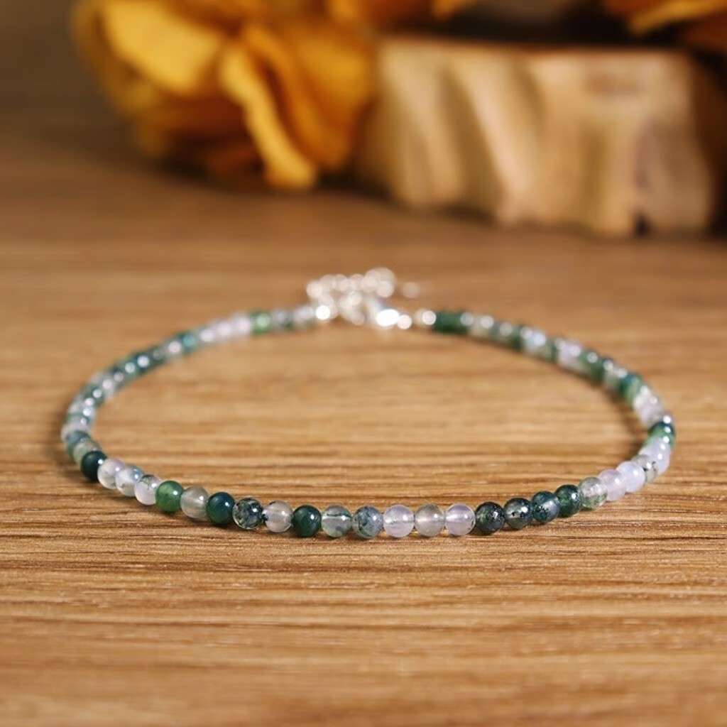2025Gift Idea Natural Tiny Green Moss Agate Healing Reiki Dainty Crystal Anklet