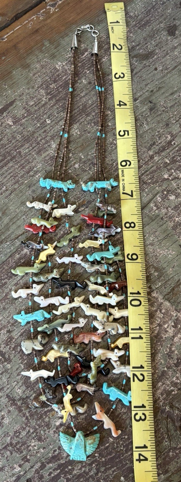 Gorgeous Zuni 3 Strand Turquoise Coral Jet Fetish Necklace Vintage Heishi