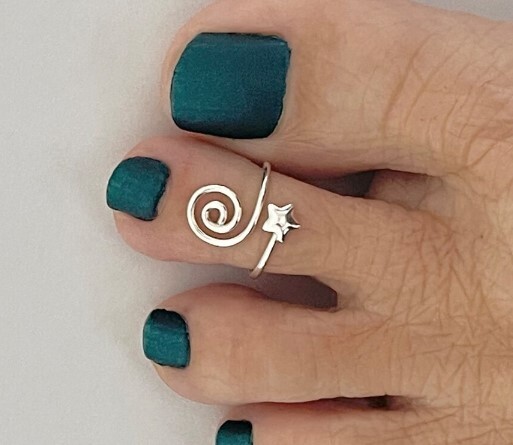 Solid Metal 925 Silver Women’s Swirl Star Adjustable Toe Ring White Gold Plated