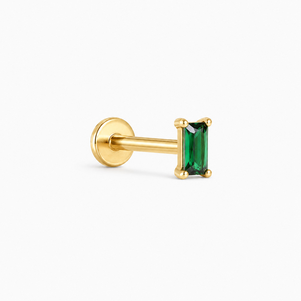 Emerald Baguette CZ Titanium Flat Back Labret Stud Threadless Push Pin 16G-20G