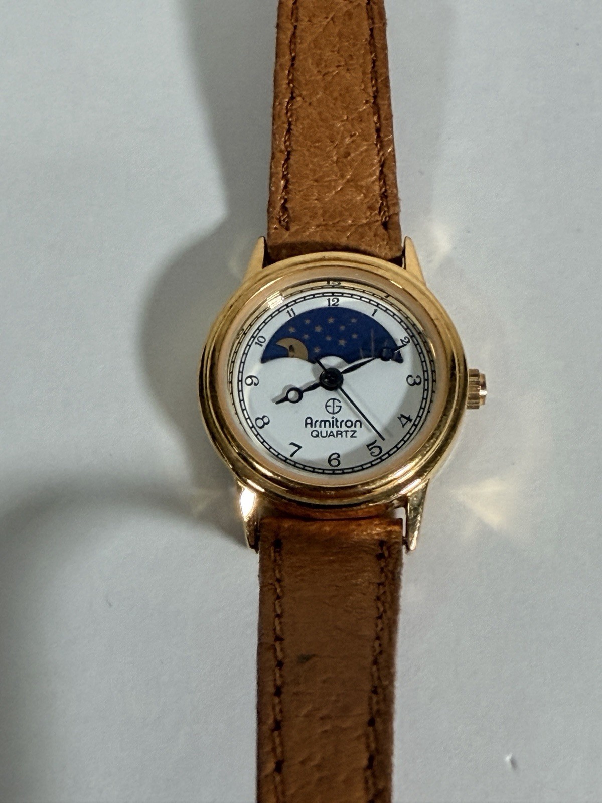 VTG Armitron Quartz Watch Women Moon Phase Gold Tone Leather Analog