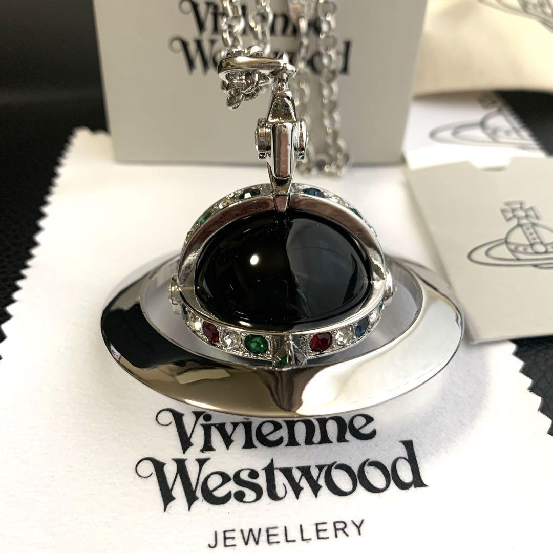Vivienne Westwood Necklace Medium Orb Black Silver Top 6.5 x 6cm C:80cm IN BOX