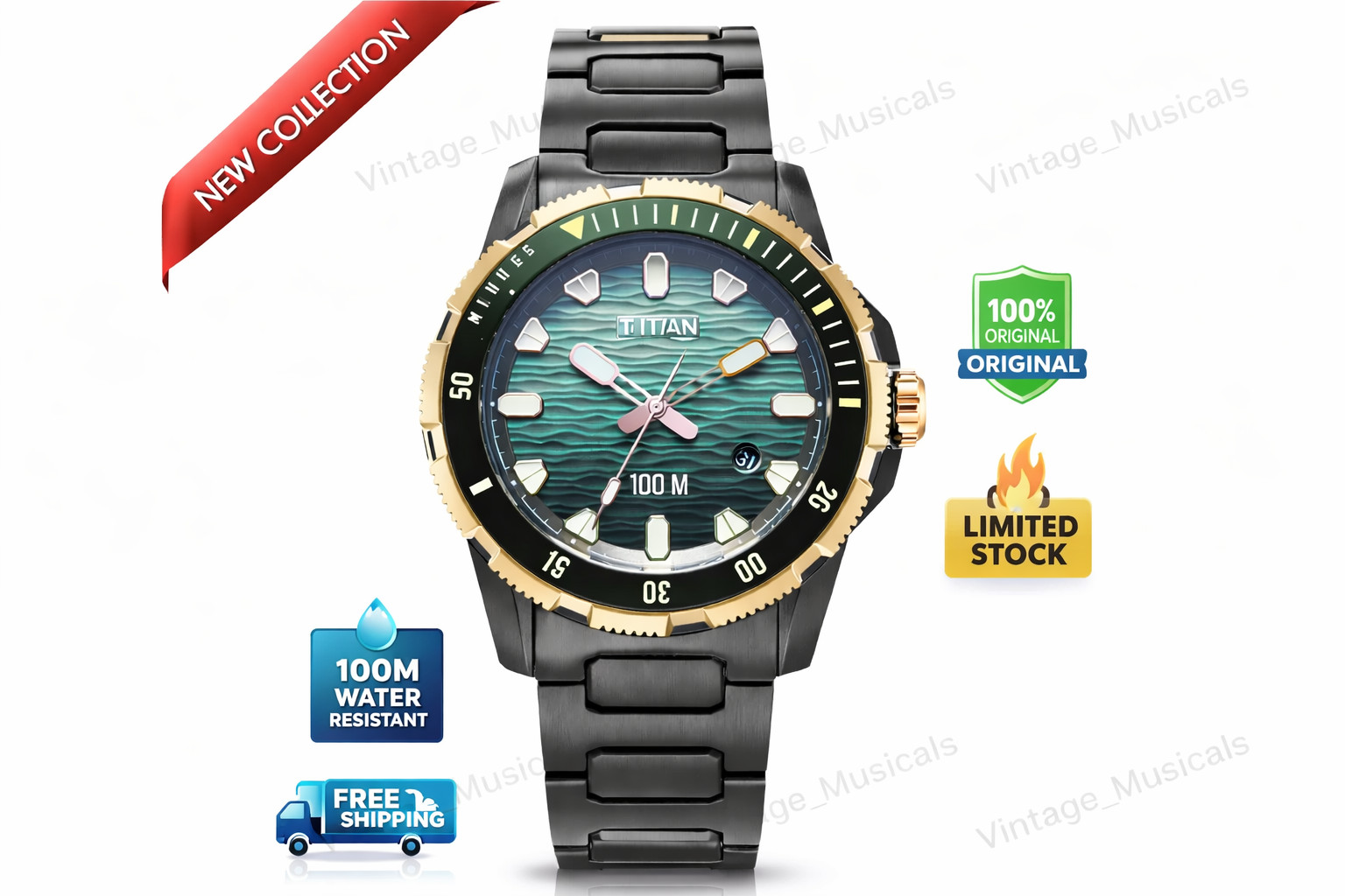 Titan Diver 100M Quartz Watch Men Blue Dial Steel Strap Lume Bezel Pro 10067KM02