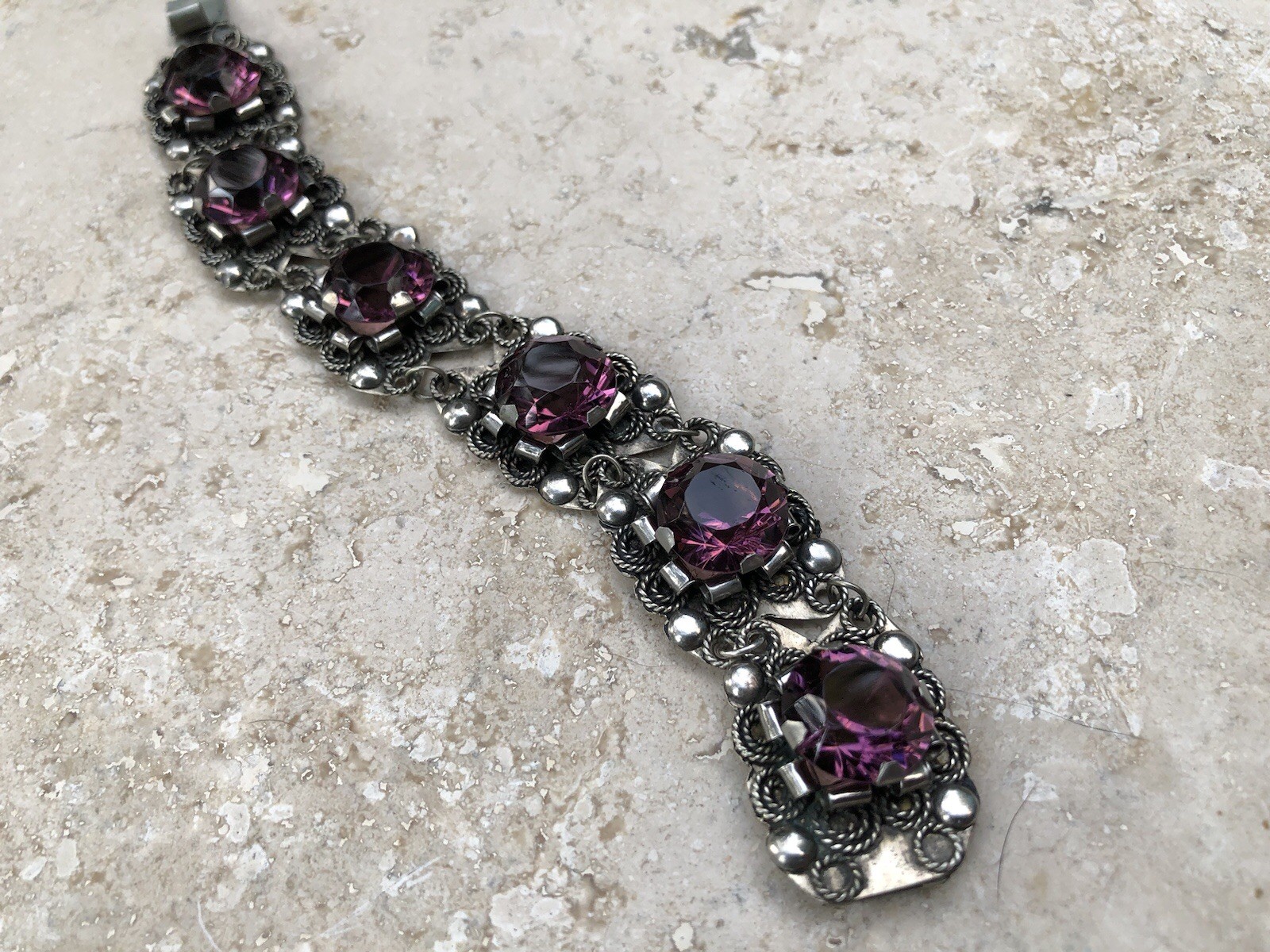 🌟🍇Vintage MEXICO STERLING SILVER Purple Color Stones STATEMENT PANEL Bracelet