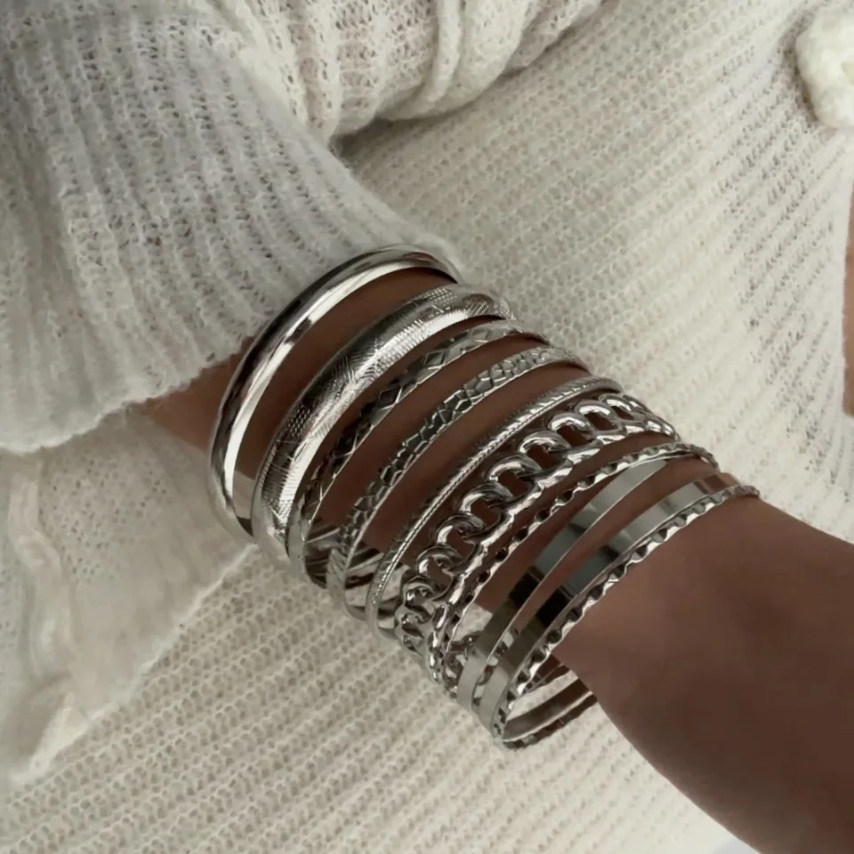 10 Pc Gold Tone Metal Bangles Women Multilayer Adjustable Twist Wide Jewelry