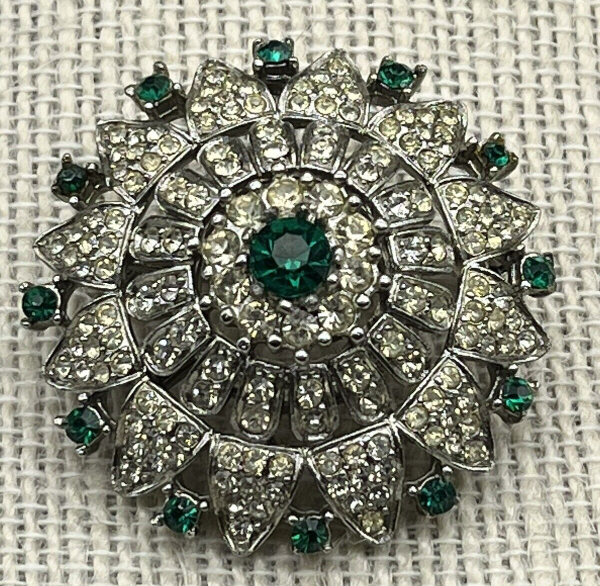 Vintage R.Mandle w/Crown Dome Brooch With Emerald Green and Clear Rhinestones