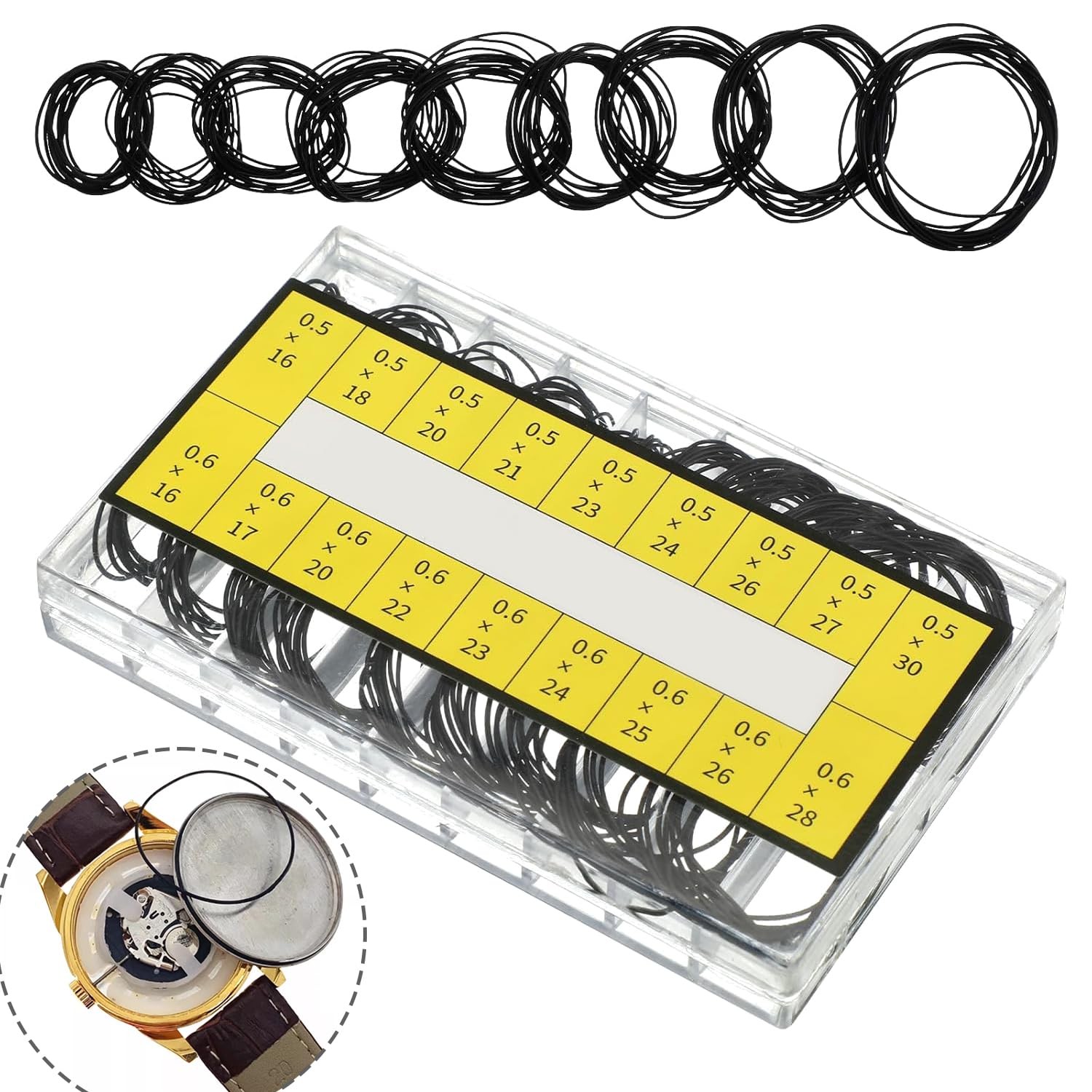 Darlingao 180 Pcs O Ring Watch Gasket Kit, 18 Sizes Rubber Seal O Rings Black