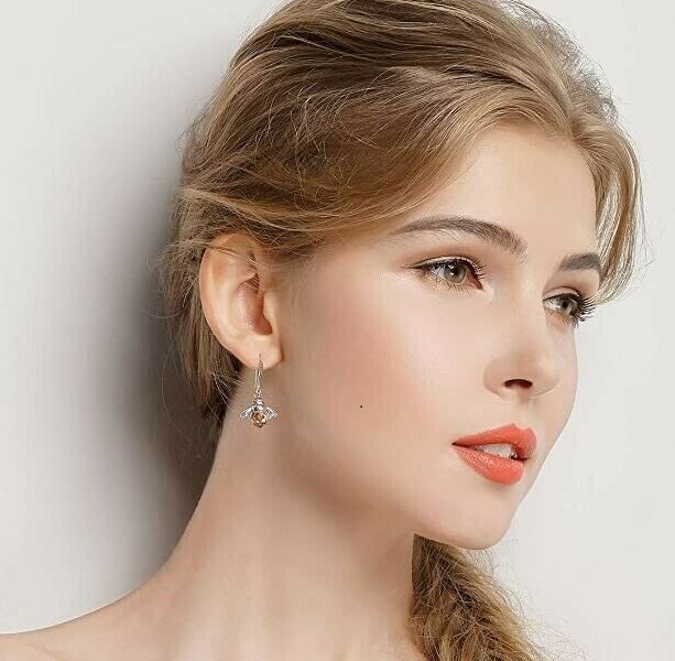 US Seller Betsey Johnson Silver Amber Crystal Bee Dangle Earrings Acrylic