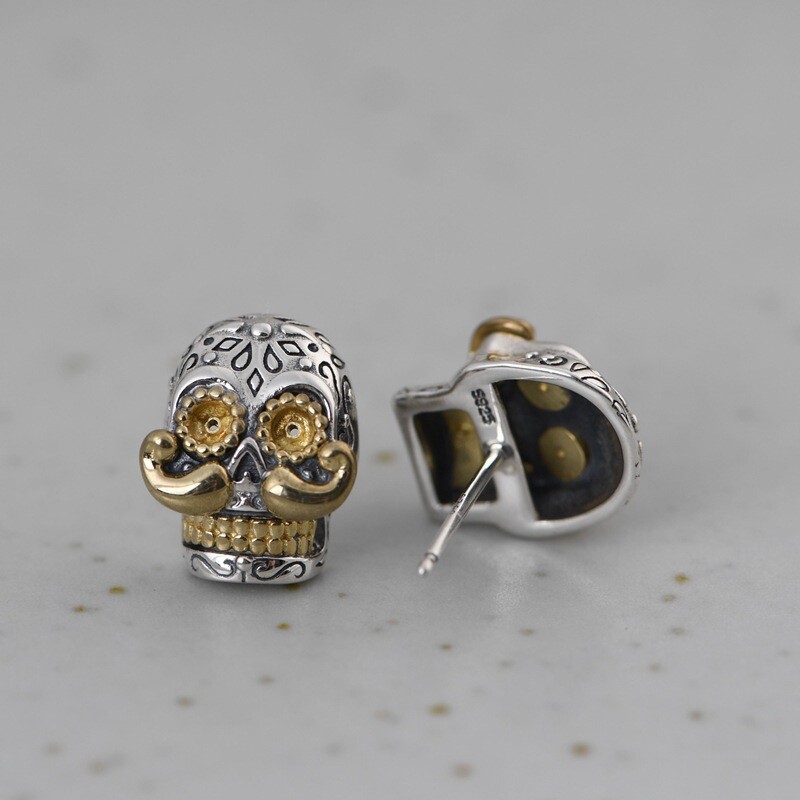 Sterling Silver Sugar Skull Earrings Copper Mustache Studs Day of Dead Jewelry