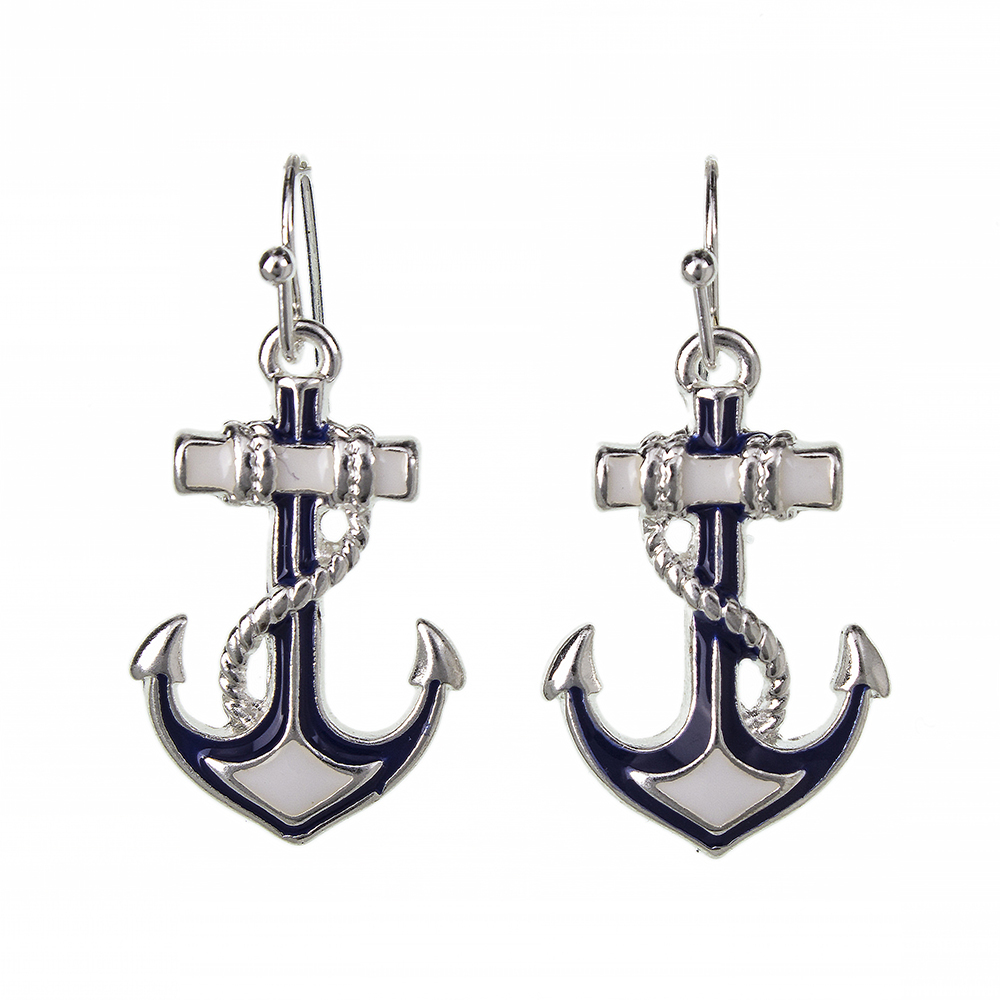 Beautiful Anchor Earrings Navy Blue White Rhodium with a Gift Box Fast Shipping