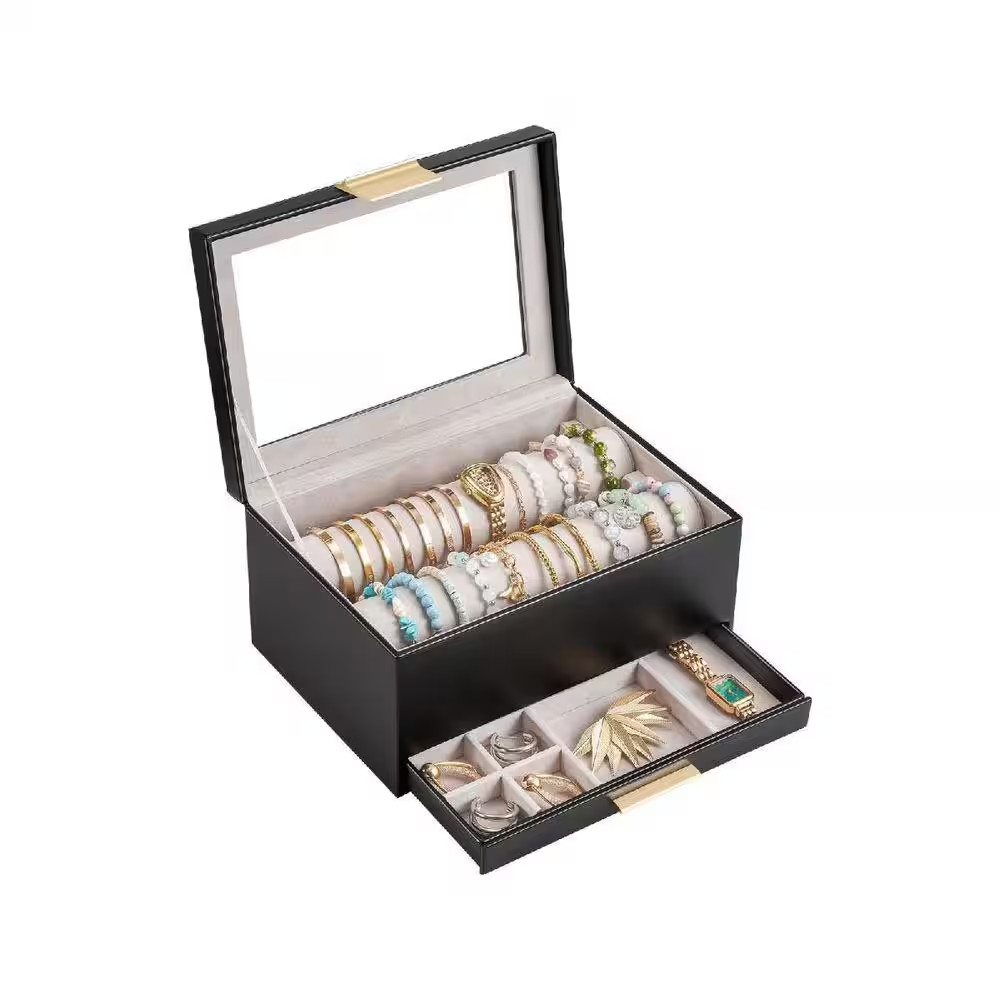6 In. D X 10 In. W X 7 In. H Black Faux Leather Jewelry Display Holder