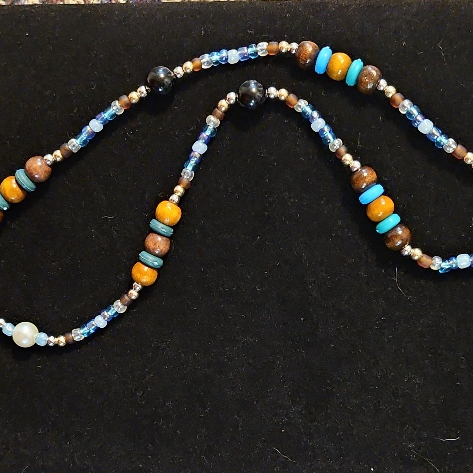 Beaded Necklace Pearl Glass Wood Blue Brown Yellow White Silver Lobster Clasp