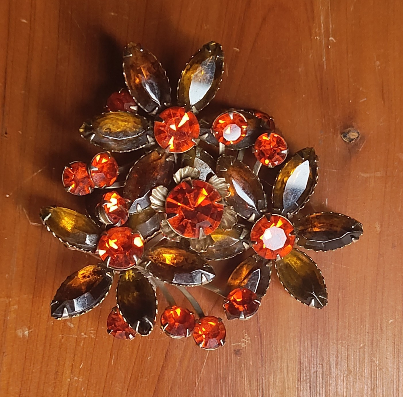 Judy Lee Flower Brooch Silver Tone Orange & Brown Round Rhinestones Prong Set