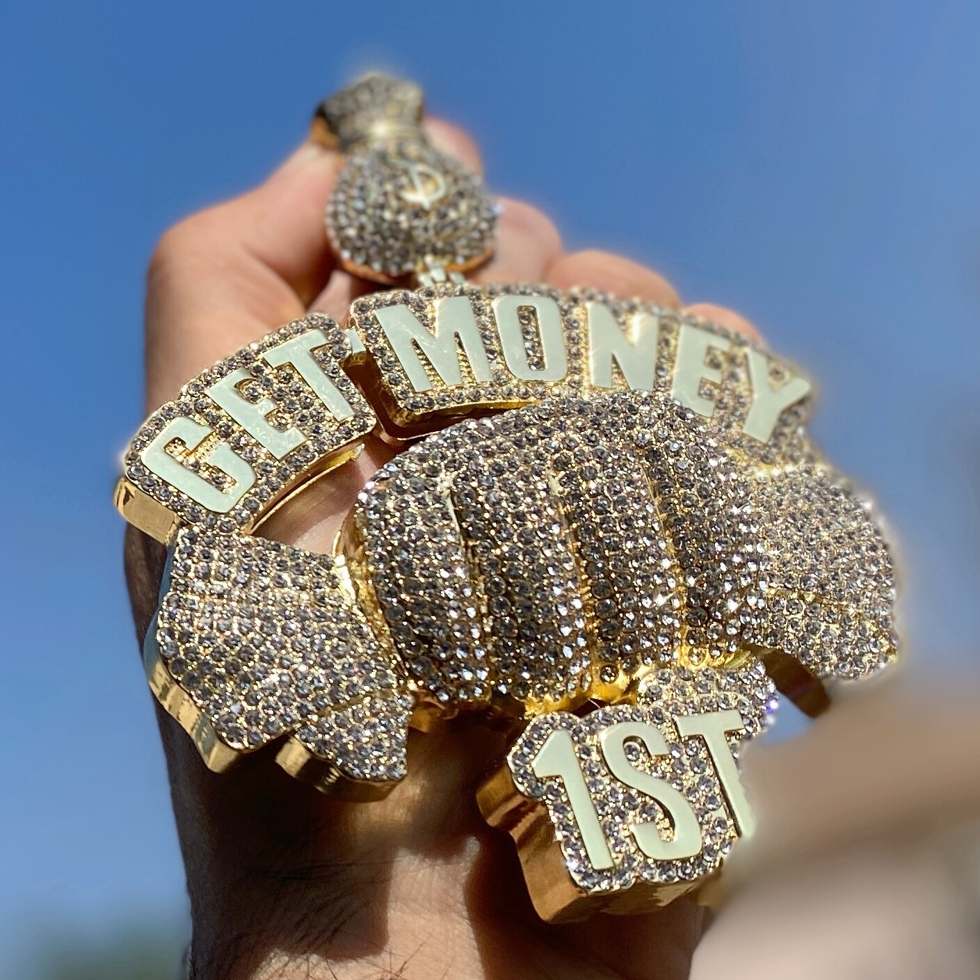 14K Gold Plated “Get Money 1st” Cash Fist Pendant Iced Bling Out Simulated CZ