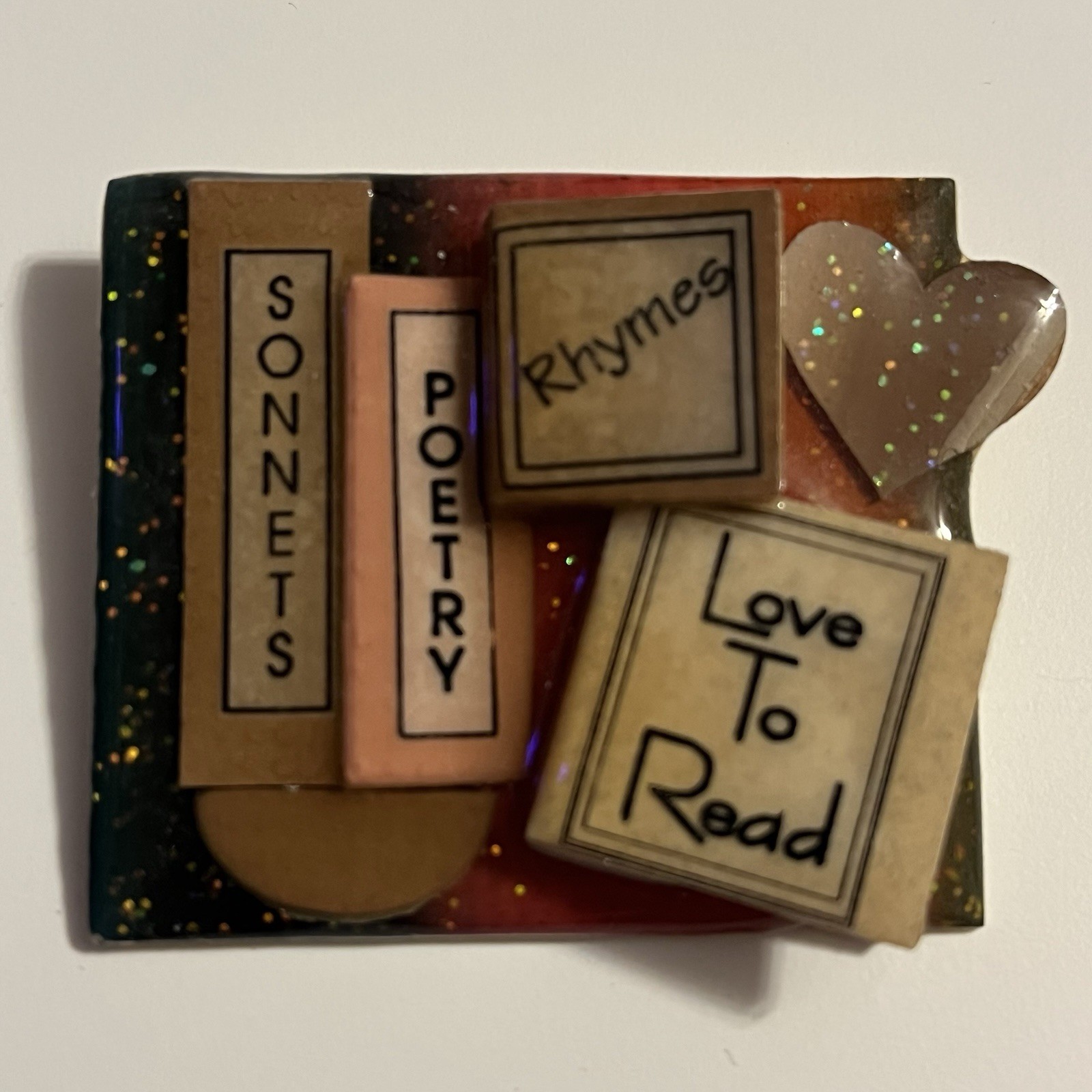 Vintage LUCINDA Book Pin – Sonnets Poetry Rhymes Stack Heart Glitter Accent 2″ W