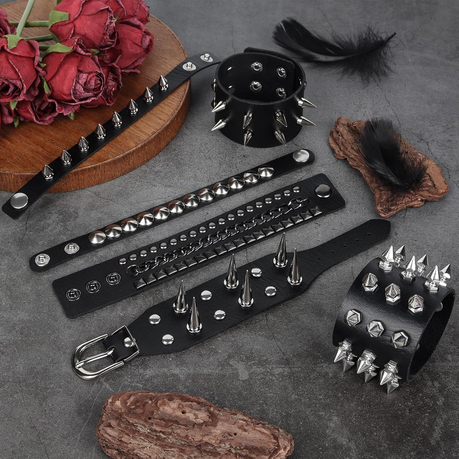 Punk Rock Emo Gothic Leather Studded Bracelet Set 6PCS Spike Rivet Wristbands