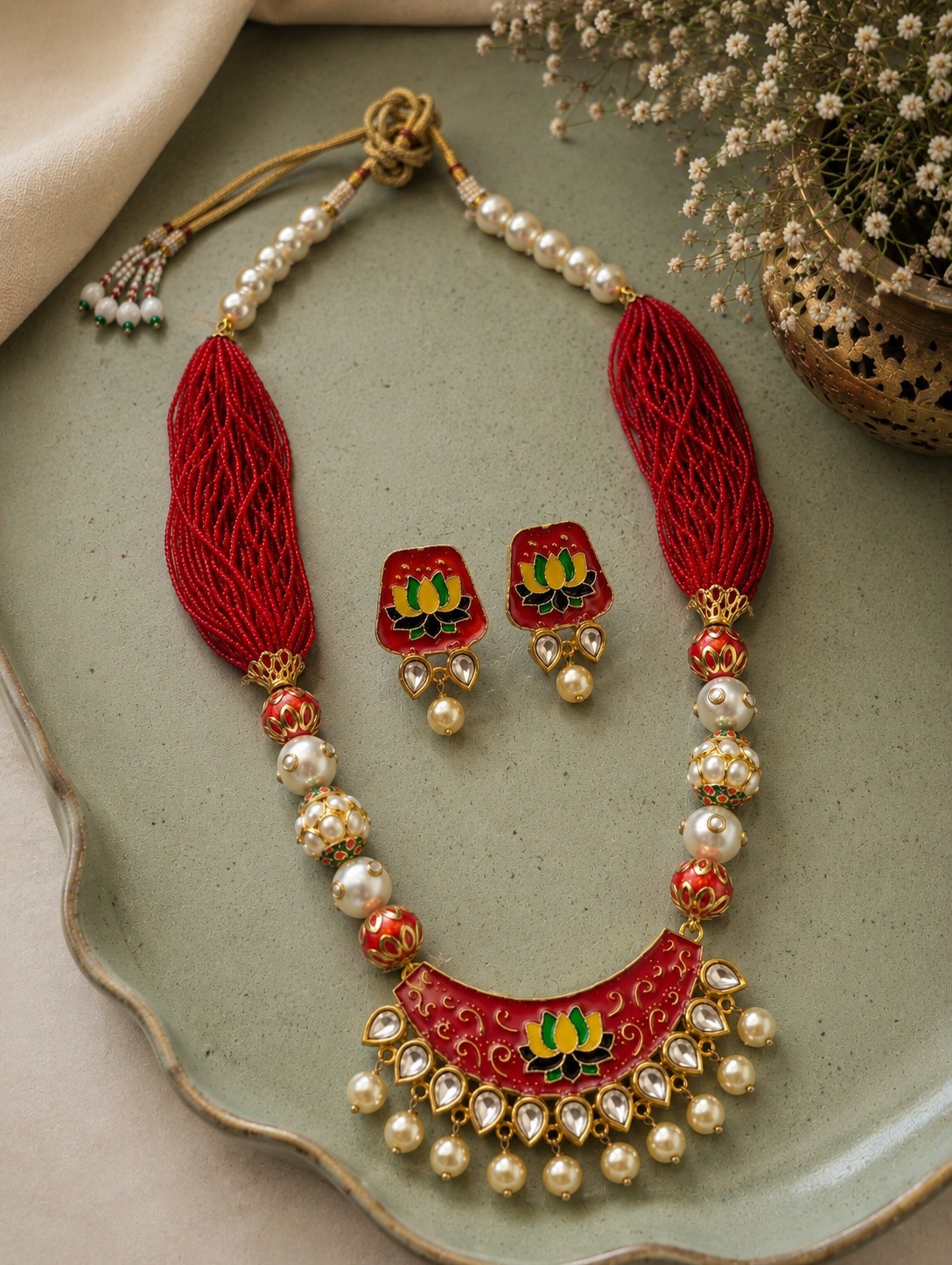 Handmade Lotus Thread Necklace Set Red Meenakari Pearl Indian Ethnic Jewelry