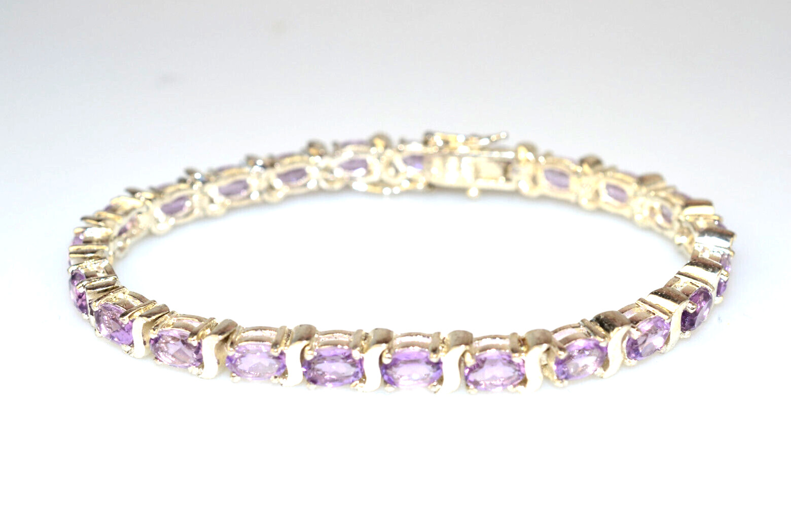 NEW STERLING SILVER 7.36 CARAT OVAL AMETHYST TENNIS LINK BRACELET 7 INCHES LONG