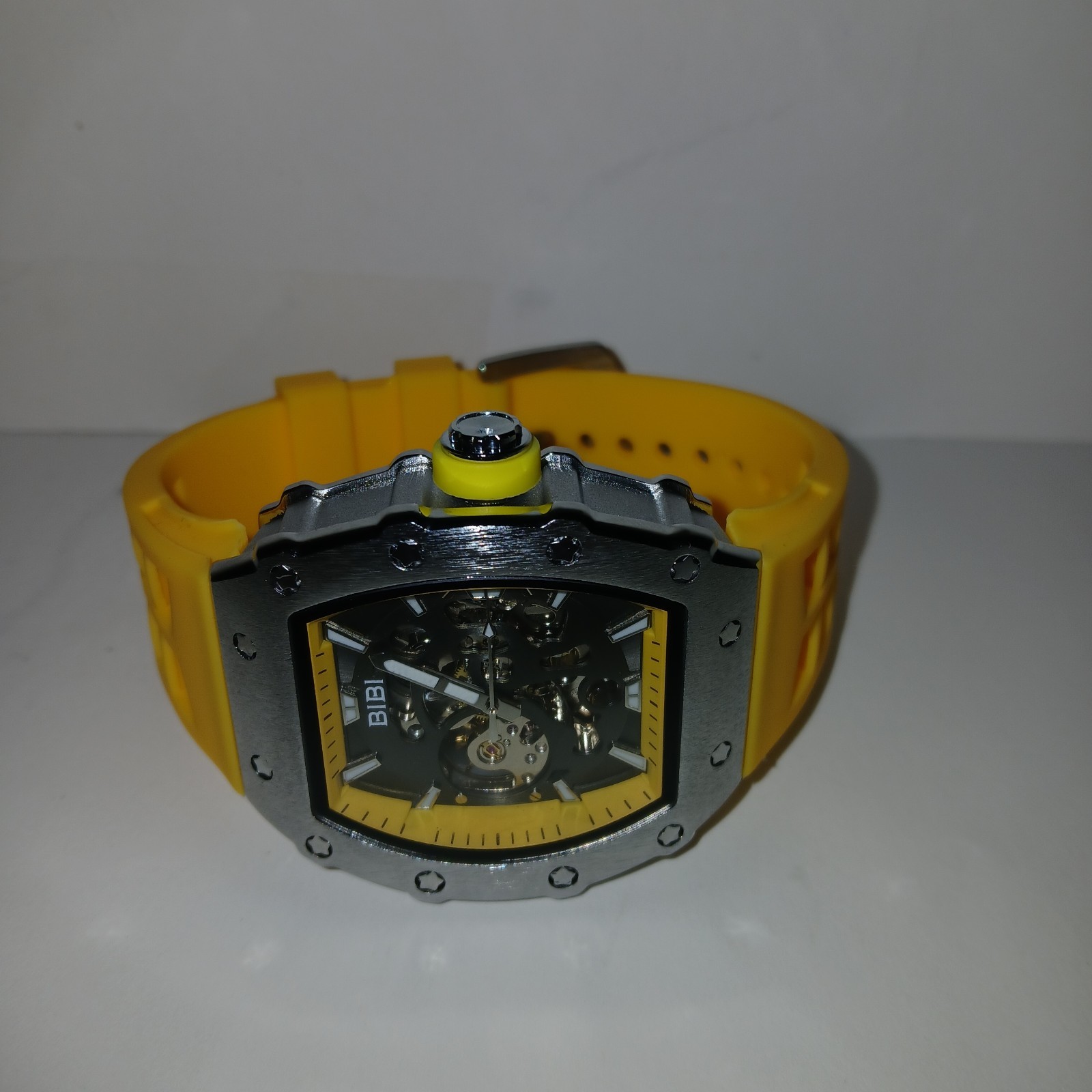 BiBi Automatic Watch Grey Yellow Dial Sivler Case Yellow Strap B0395